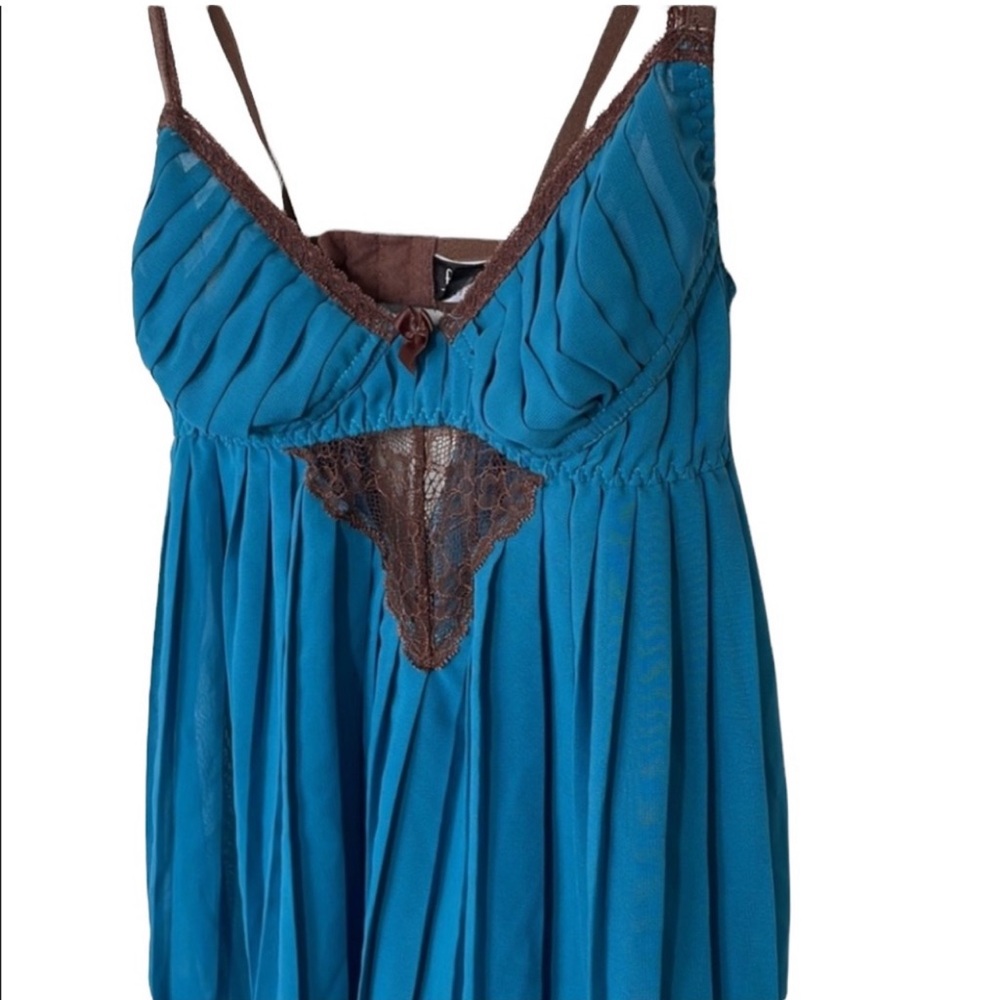 Fredericks of Hollywood Slip Dress Cerulean Blue Brown Nighty Babydoll Lingerie